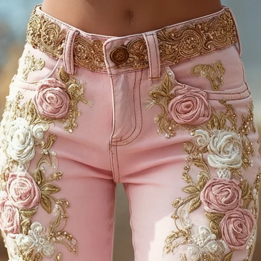 Romantic Pink Rose Flower Print Jeans