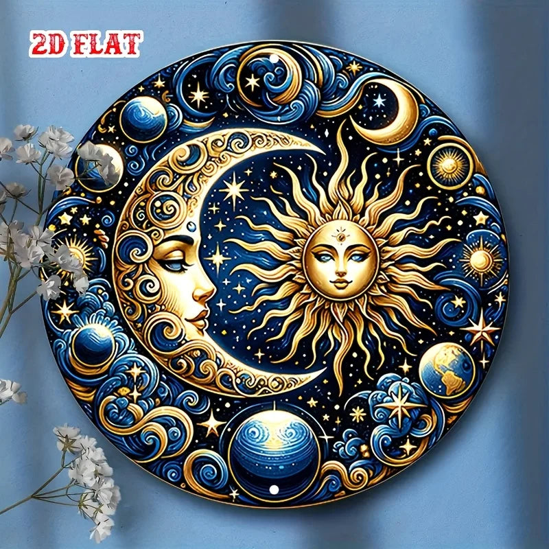 2D Flat 1pc Vintage Metal Sign, Celestial Sun and Moon in Cosmic Design Aluminum Round Poster with Elegant Imagery, Retro Vintag