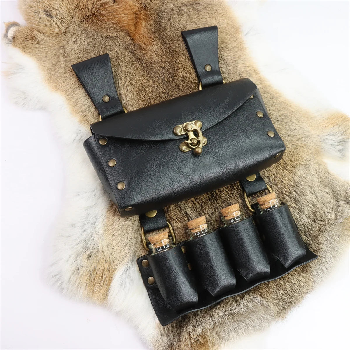 Renaissance Leather Belt Medieval Wizard Alchemy Glass Magic Bottle Cork Bottle Stopper Copper Coin Waist Bag Cosplay Belt