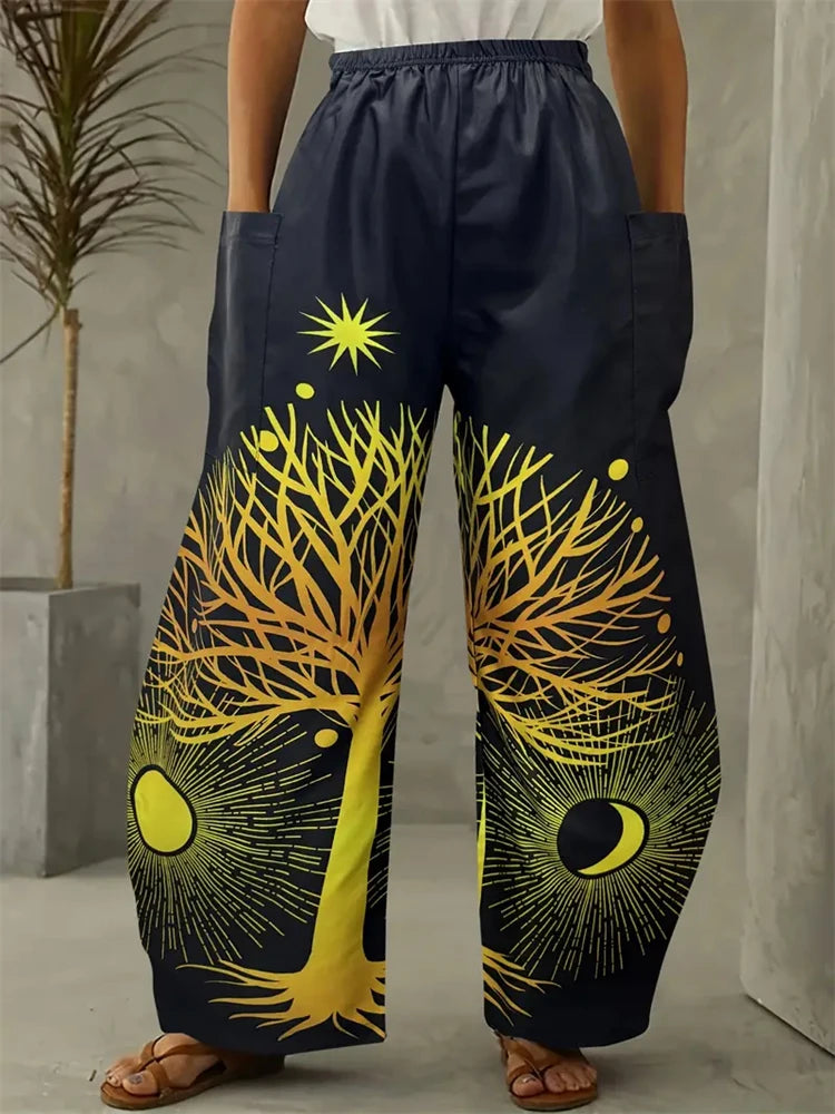 Wide-legged Pants Elegant Sun, Moon And Star Print