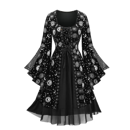 Gothic Sun Moon Star Printed Dress