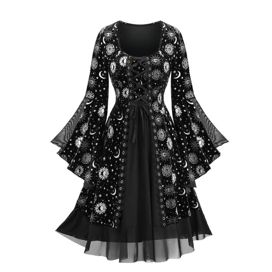 Gothic Sun Moon Star Printed Dress
