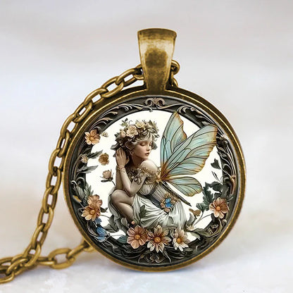 Vintage Round Butterfly Fairy Glass Dome Pendant
