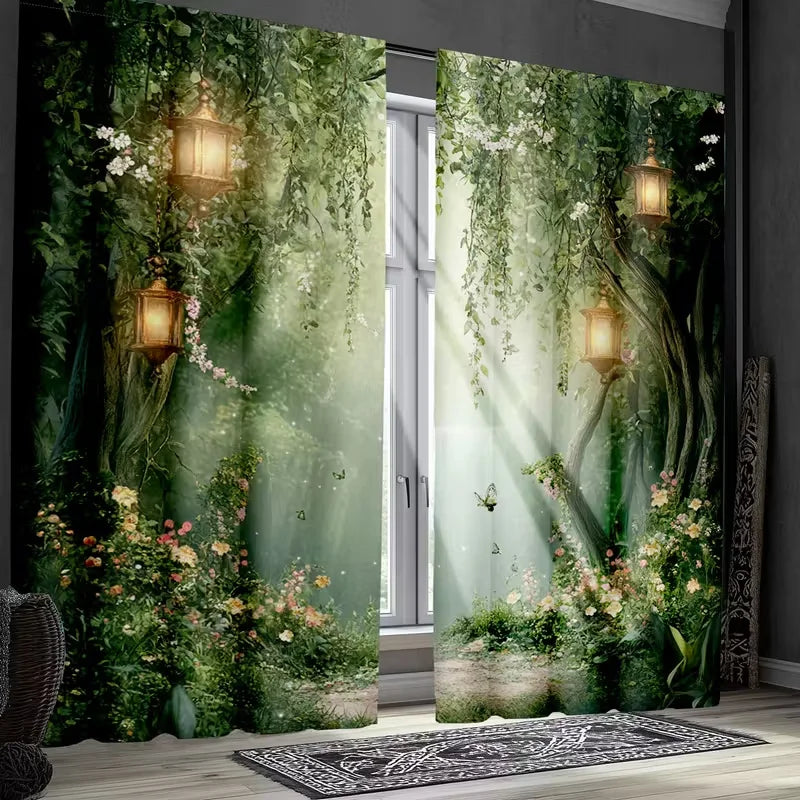 2 Pcs Psychedelic Forest print curtains