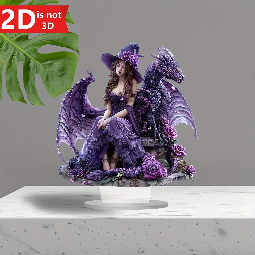 2D Bohemian witch & dragon desktop decor for home, office, or café.
