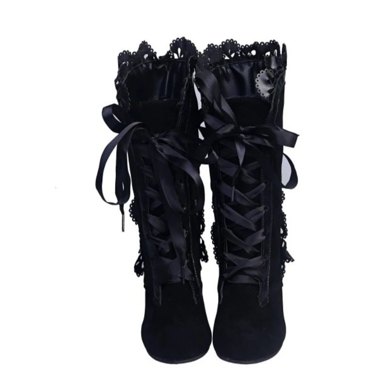 High Heel Vintage Leather Suede Lace Up Mid Calf Boots