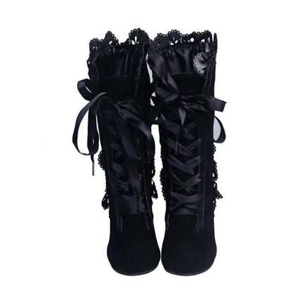 High Heel Vintage Leather Suede Lace Up Mid Calf Boots