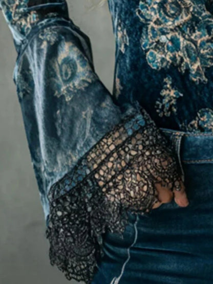 Vintage Lace V-neck Blouse Flare Sleeve