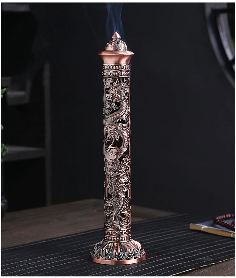 Archaize Vertical Incense Burner Buddha Heart Sutra Dragon Phoenix Pillar Metal Thread Incense Stick Home Office Decoration