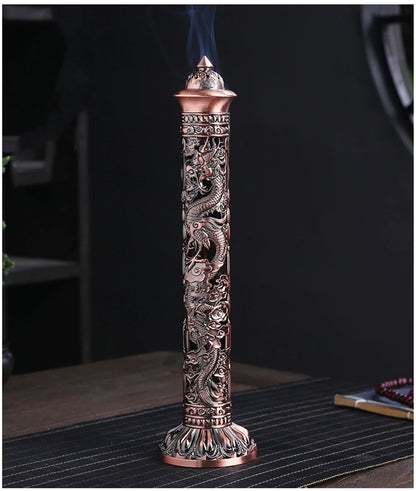 Archaize Vertical Incense Burner Buddha Heart Sutra Dragon Phoenix Pillar Metal Thread Incense Stick Home Office Decoration