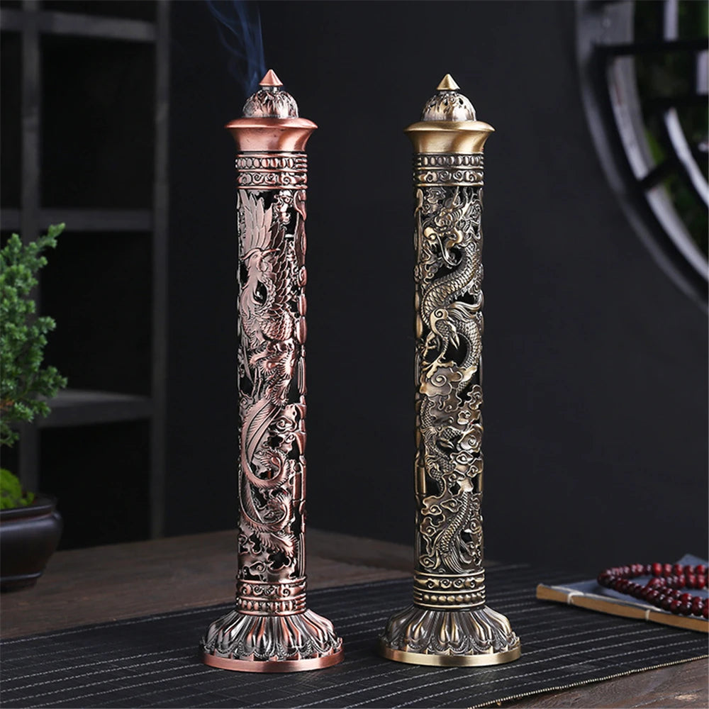 Archaize Vertical Incense Burner Buddha Heart Sutra Dragon Phoenix Pillar Metal Thread Incense Stick Home Office Decoration