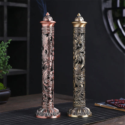 Archaize Vertical Incense Burner Buddha Heart Sutra Dragon Phoenix Pillar Metal Thread Incense Stick Home Office Decoration