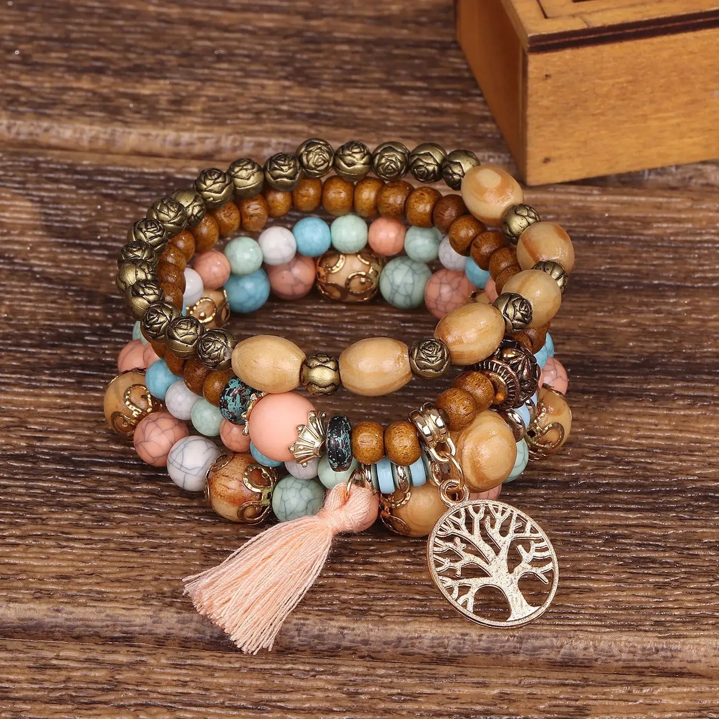 Boho Wooden Beaded Bracelet Set