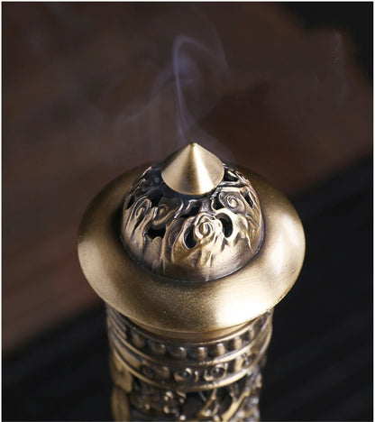 Archaize Vertical Incense Burner Buddha Heart Sutra Dragon Phoenix Pillar Metal Thread Incense Stick Home Office Decoration