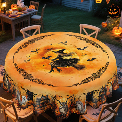 Printed Tablecloth, Featuring Castles, Pumpkins, Black Cats, and White Ghost Patterns