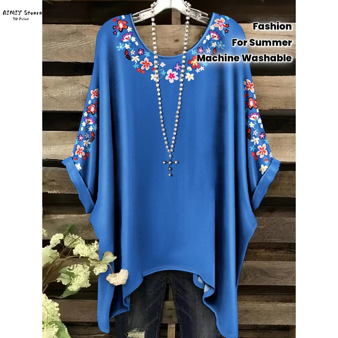 Butterfly Flower Pattern Printed Tail Hem Round Neck T-Shirt