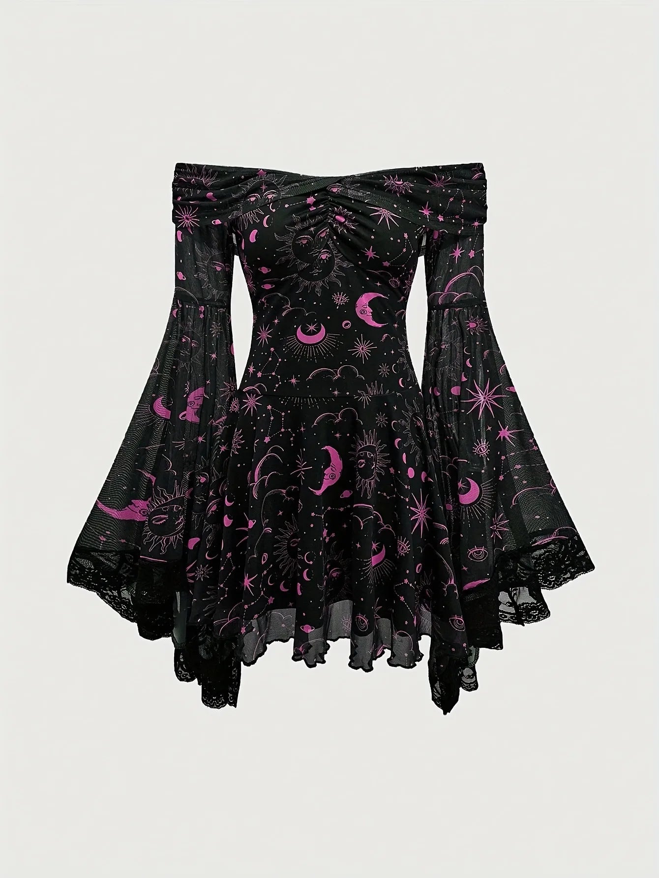 Gothic Style Vintage  Star Moon Long Sleeve A- Line Dress