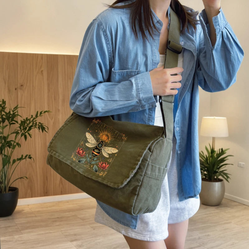 Vintage Women's Shoulder Bag Canvas Bee Print Large Capacity
