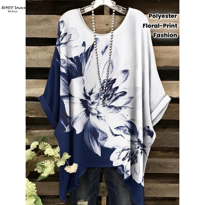 Butterfly Flower Pattern Printed Tail Hem Round Neck T-Shirt