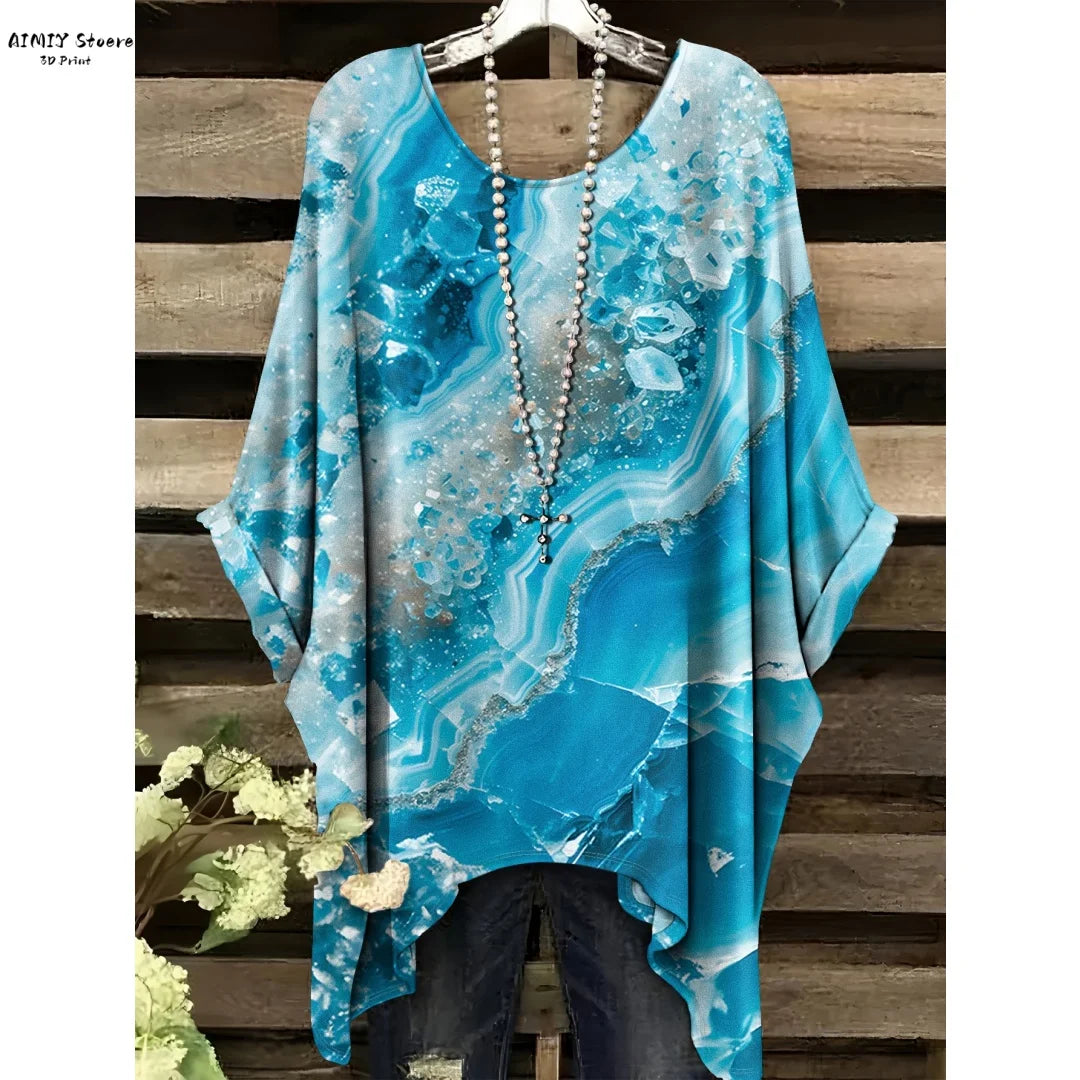 Butterfly Flower Pattern Printed Tail Hem Round Neck T-Shirt