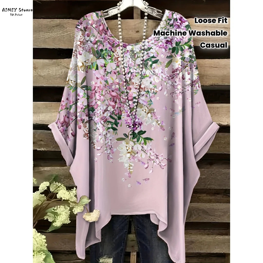 Butterfly Flower Pattern Printed Tail Hem Round Neck T-Shirt