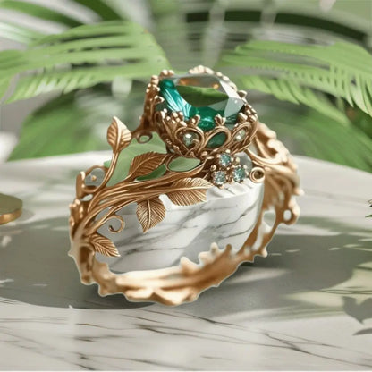 Inlaid Design Leaf Flower Ring