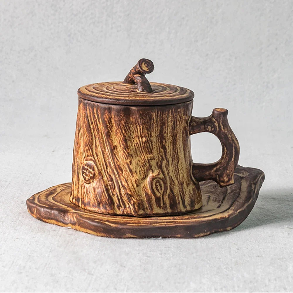 Original Wood Texture Ceramic Coffee Mug with Lid