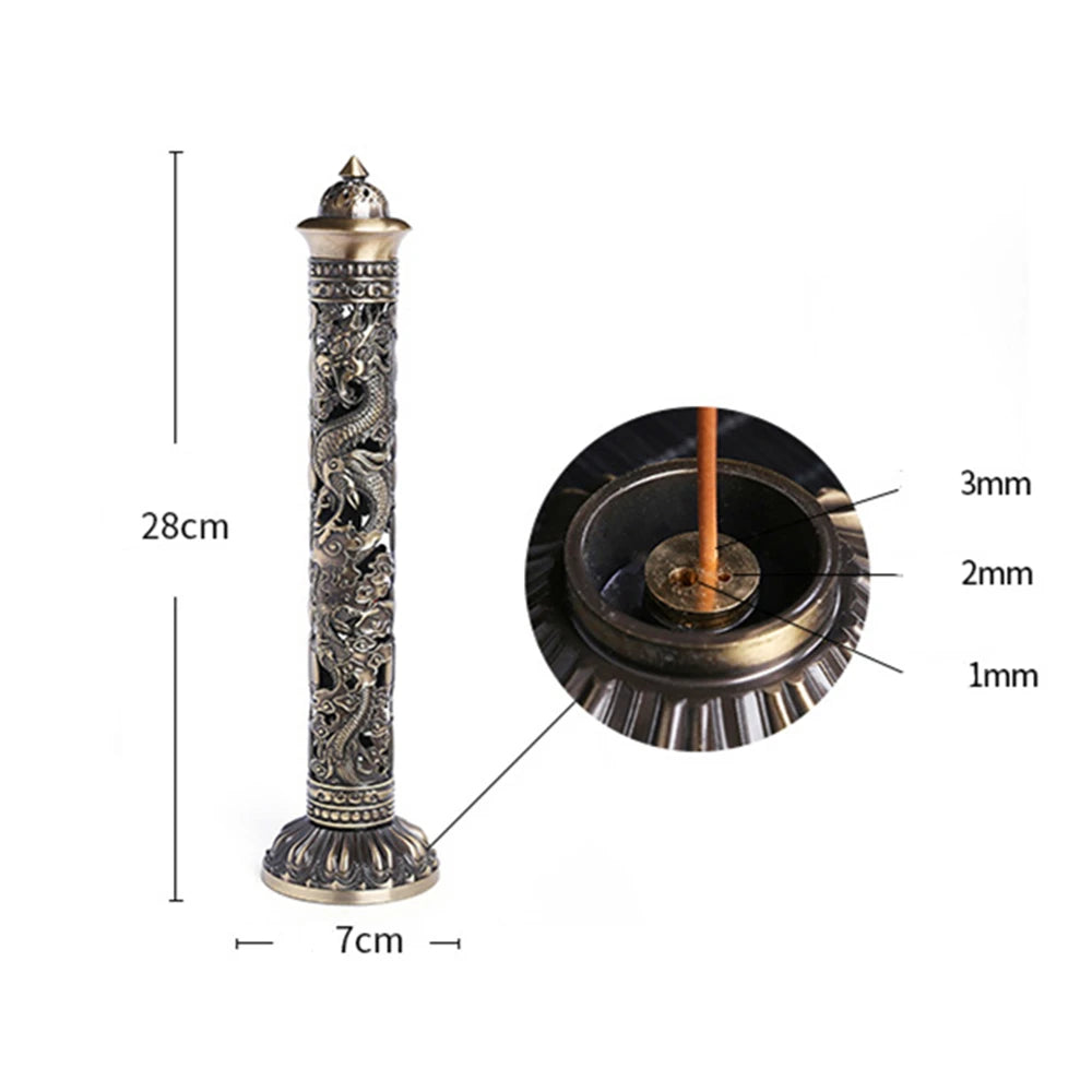 Archaize Vertical Incense Burner Buddha Heart Sutra Dragon Phoenix Pillar Metal Thread Incense Stick Home Office Decoration