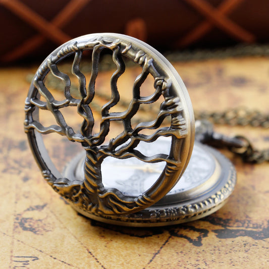 Bronze Hollow Tree of Life Quartz Pocket Watch