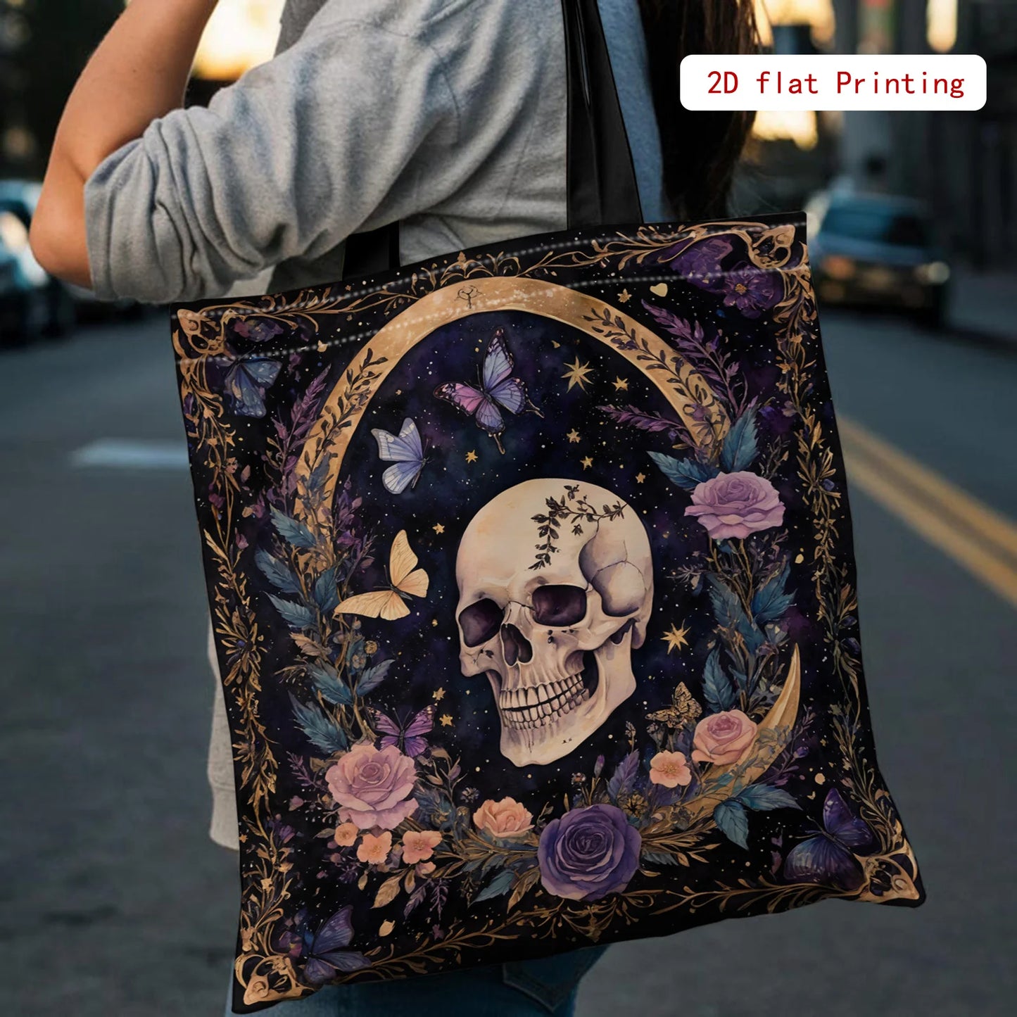 Women's Gothic Tote Bag - Large Capacity Open Top Purse with Elegant Skull & Floral Design (Purple/Black/ Golden/)