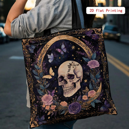 Women's Gothic Tote Bag - Large Capacity Open Top Purse with Elegant Skull & Floral Design (Purple/Black/ Golden/)
