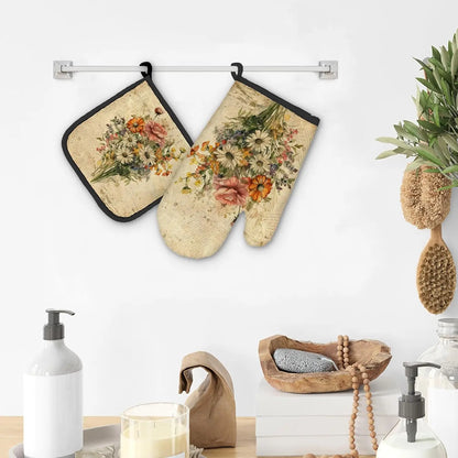 Vintage Floral Flowers Oven Mitts and Pot Holders Set
