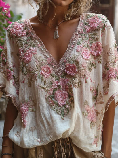 Floral Print Loose Tops Casual V-neck Short Sleeve