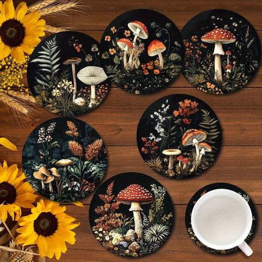 Set of 6 Mushroom Pattern Coasters Round