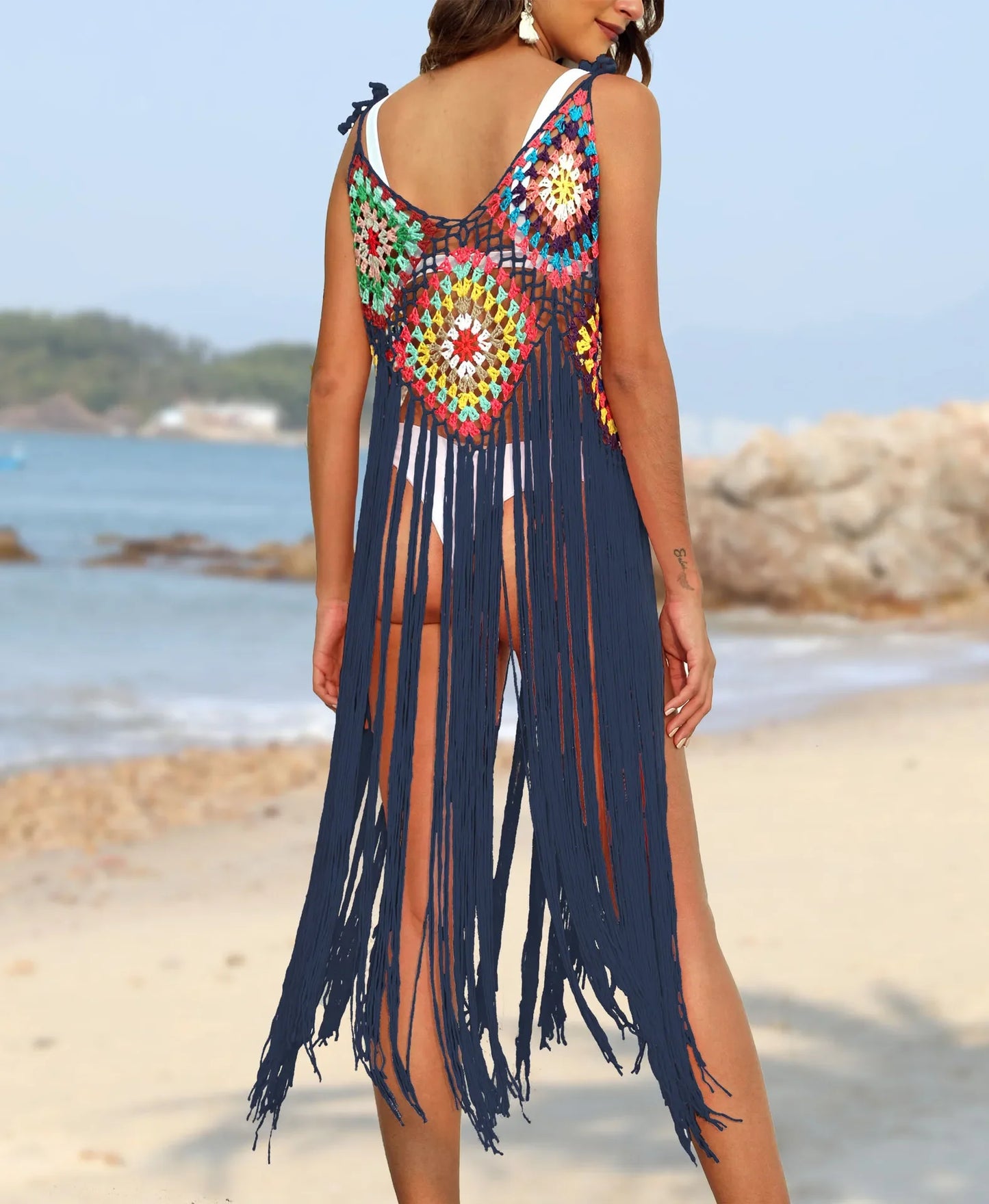 Hand Hooked  Long Tassel Beach Cover up