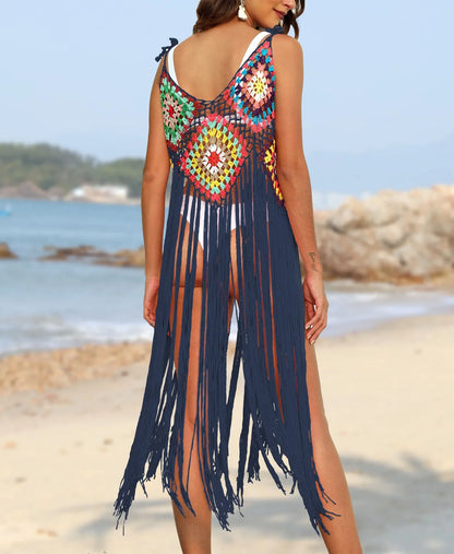 Hand Hooked  Long Tassel Beach Cover up
