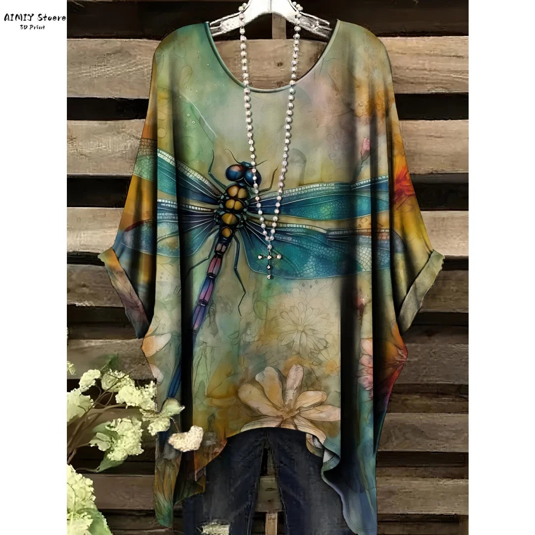 Butterfly Flower Pattern Printed Tail Hem Round Neck T-Shirt