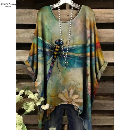 Butterfly Flower Pattern Printed Tail Hem Round Neck T-Shirt