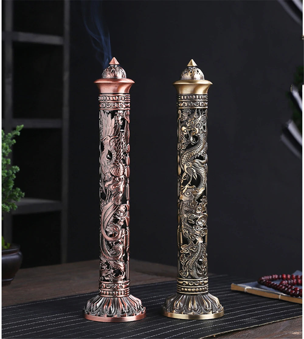 Archaize Vertical Incense Burner Buddha Heart Sutra Dragon Phoenix Pillar Metal Thread Incense Stick Home Office Decoration