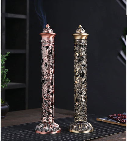 Archaize Vertical Incense Burner Buddha Heart Sutra Dragon Phoenix Pillar Metal Thread Incense Stick Home Office Decoration