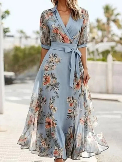 Women Fashion Short Sleeve V Neck High Waist Lace-Up Loose Dress