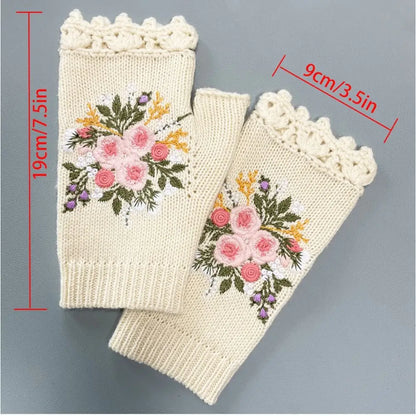 Vintage Embroidery Knitted Fingerless Gloves