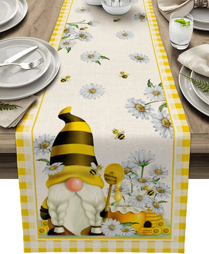 Spring Bee Gnomes Yellow Plaid Linen Table Runner