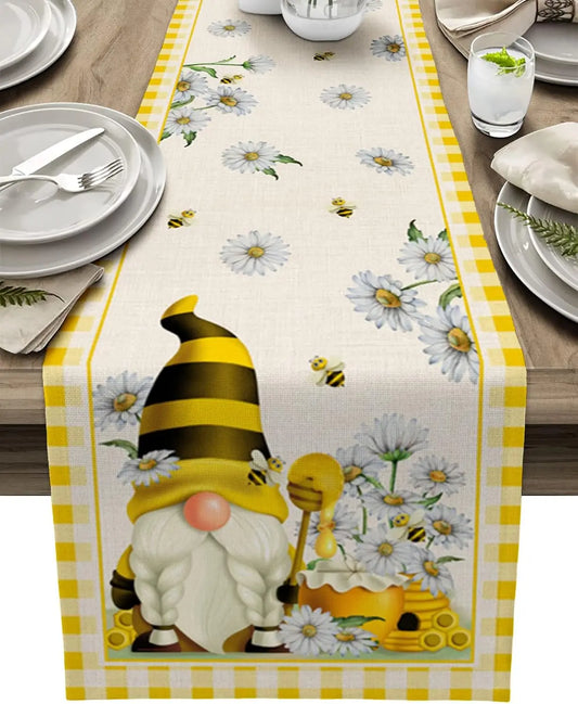 Spring Bee Gnomes Yellow Plaid Linen Table Runner