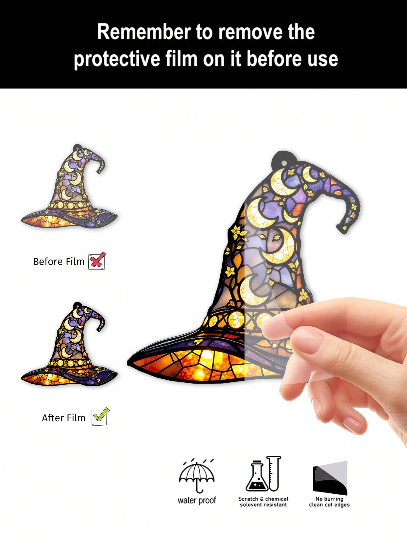 Halloween Witch Hat Window Hanging Acrylic Sun Catchers Hat Shaped with Moon & Floral Pendant Wall Decortions for Home & Garden