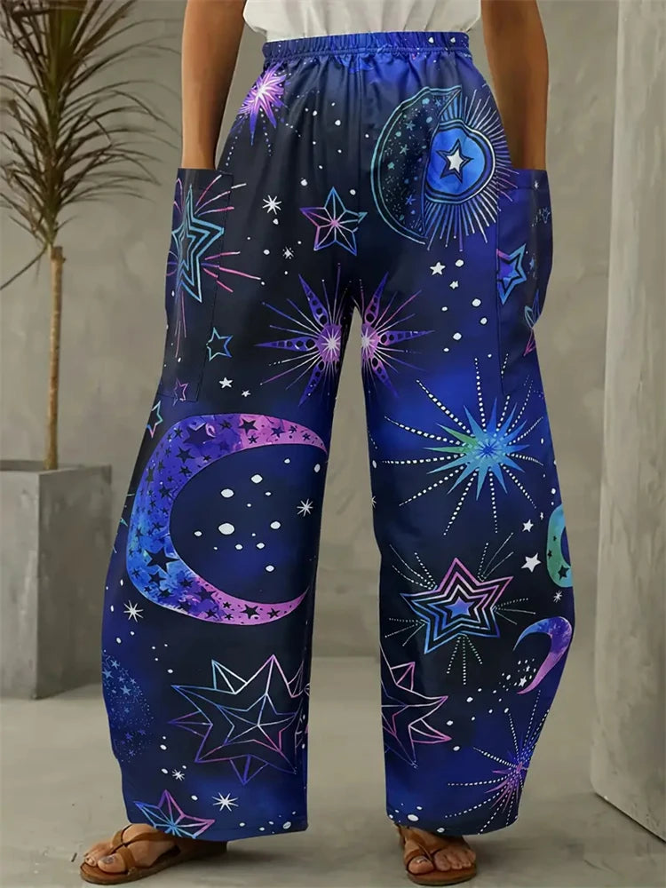 Wide-legged Pants Elegant Sun, Moon And Star Print