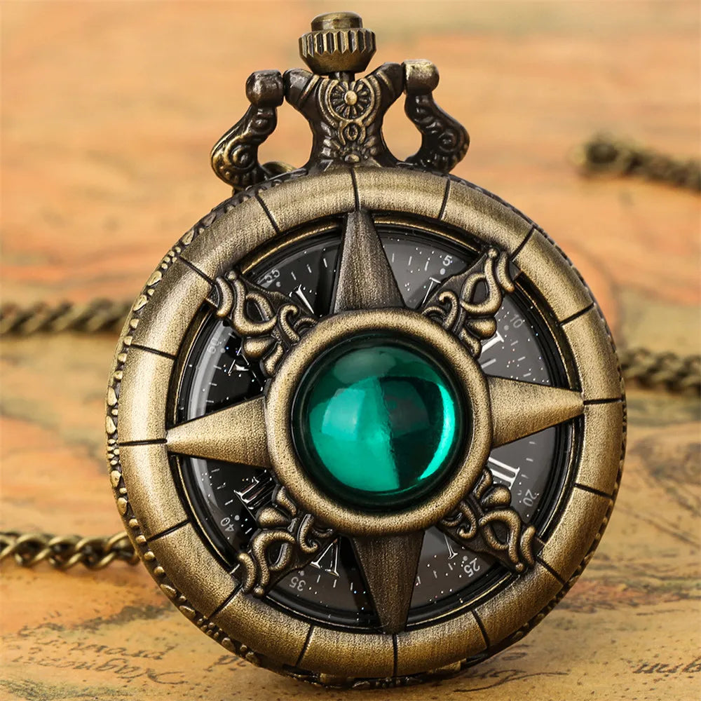 Hollow Sun Rhinestone Decorated Chic Bronze Quartz Pocket Watch Men Women Black Starry Roman Numerals Fob Chain Pendant Clock