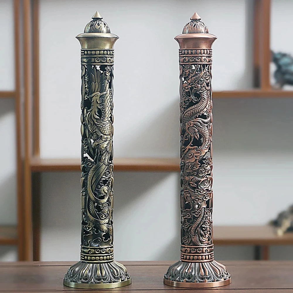 Archaize Vertical Incense Burner Buddha Heart Sutra Dragon Phoenix Pillar Metal Thread Incense Stick Home Office Decoration