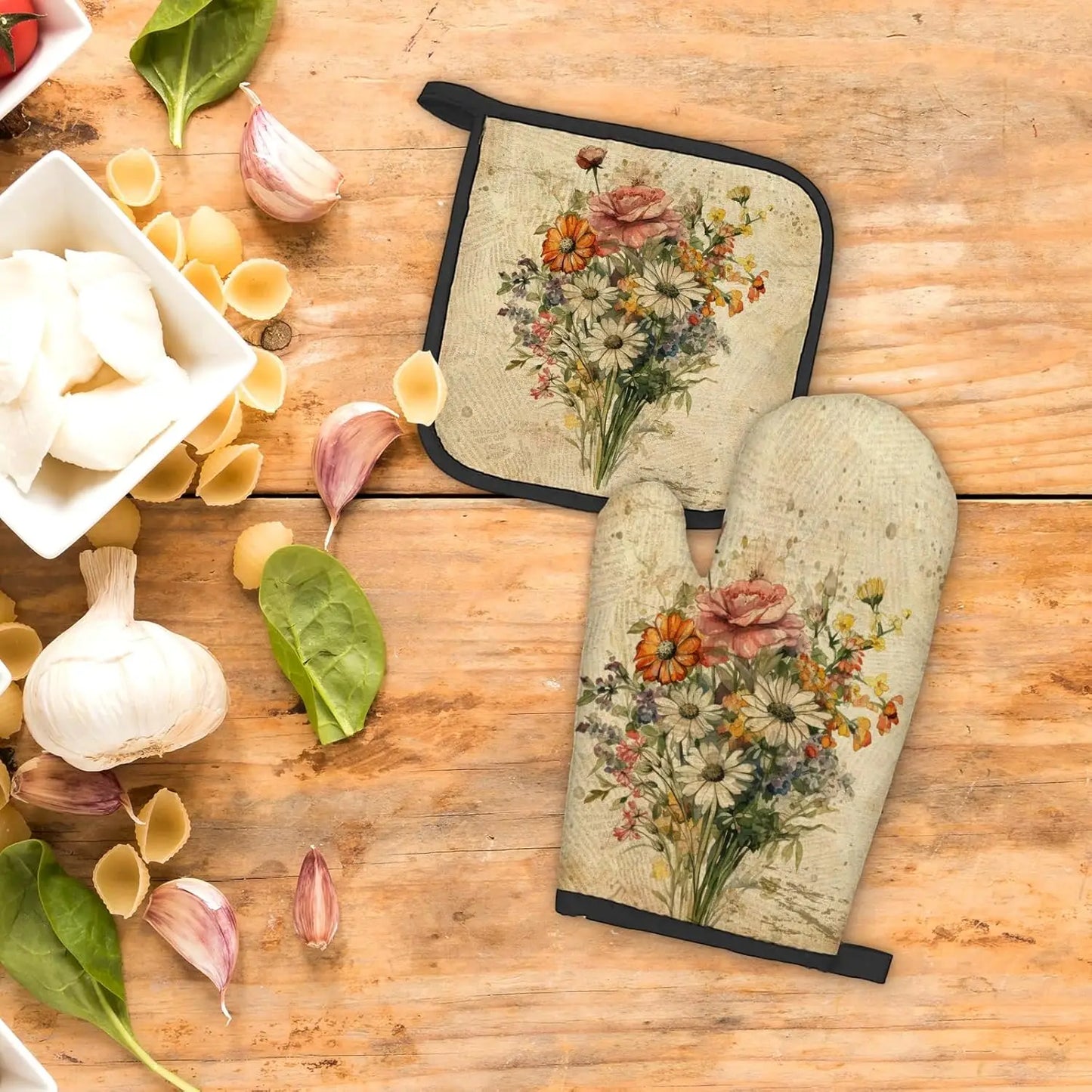 Vintage Floral Flowers Oven Mitts and Pot Holders Set