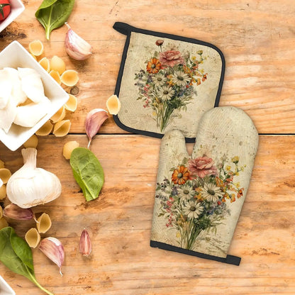 Vintage Floral Flowers Oven Mitts and Pot Holders Set